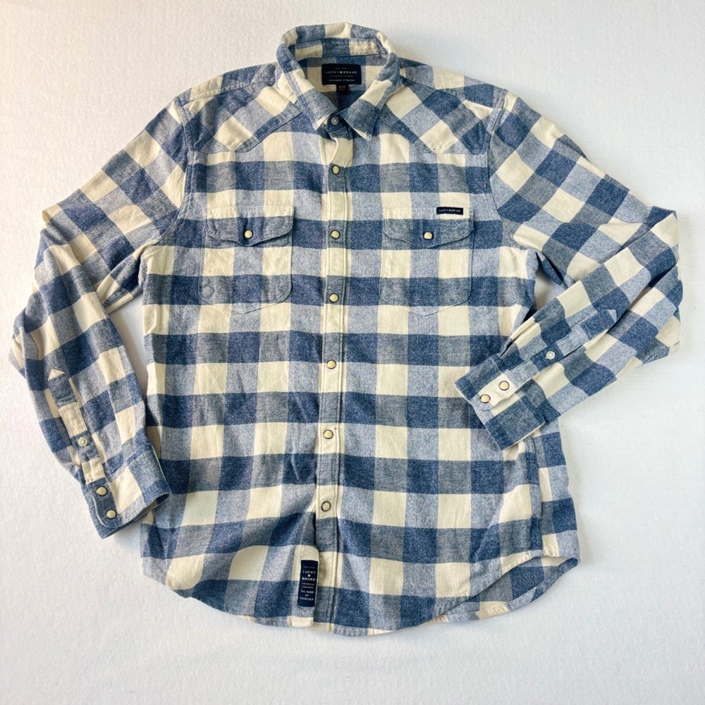 Lucky Brand Mens Saturday Stretch Buffalo Plaid Western Snap Flannel Shirt med